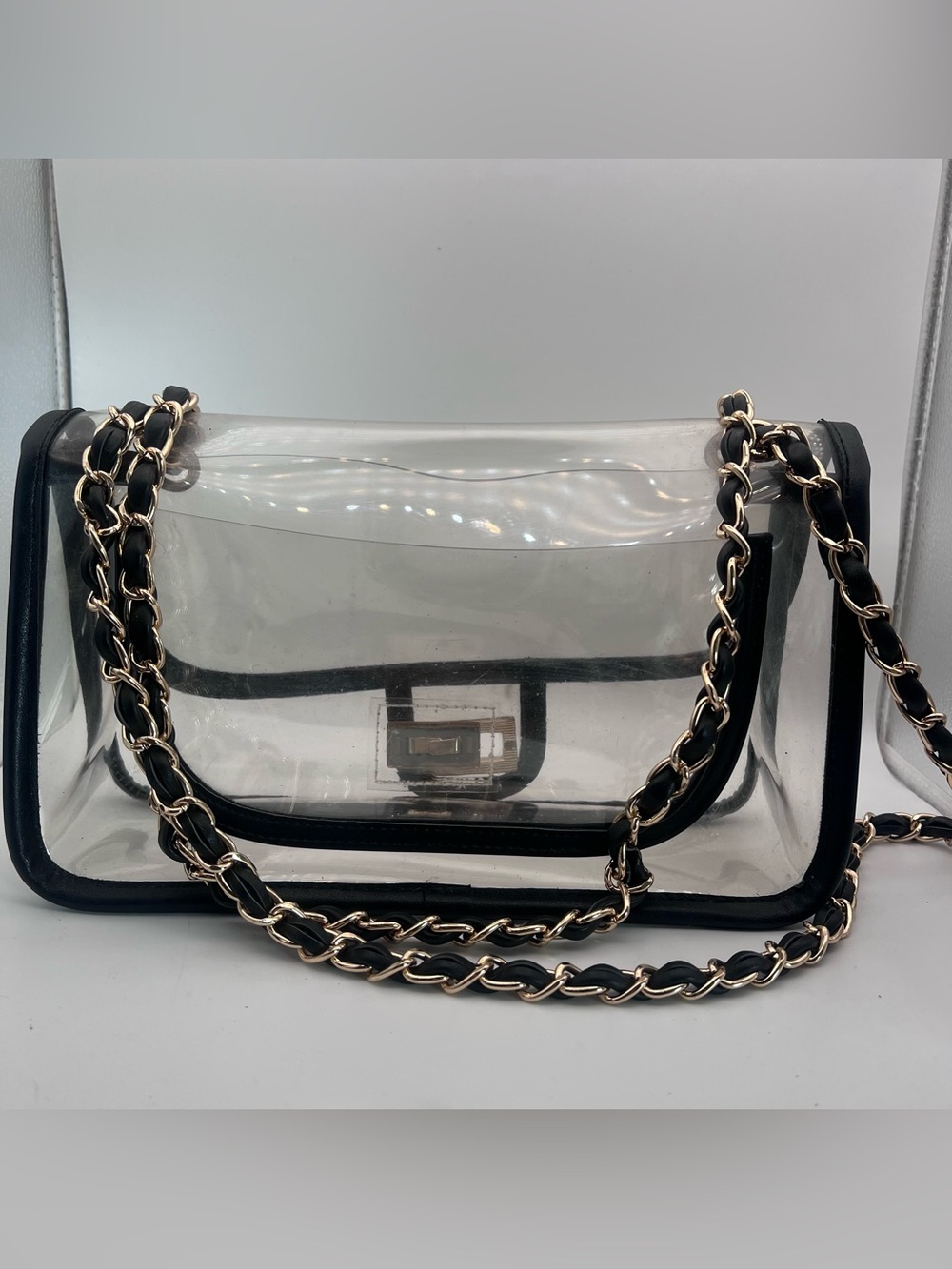 Clear Shoulder Bag W/ Black Trim and Gold Chain Woven Strap NEW